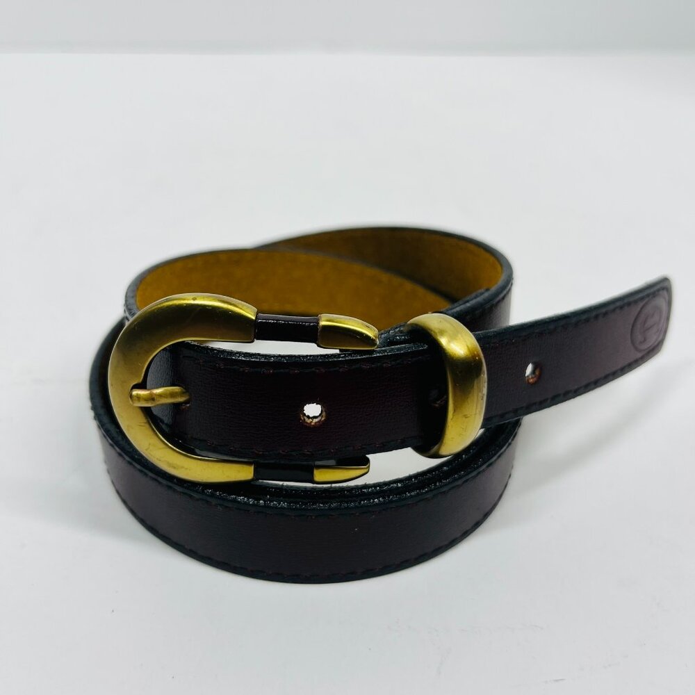 Etienne Aigner Dark Cherry Skinny Leather Belt w/ brushed gold buckle Sz. 32